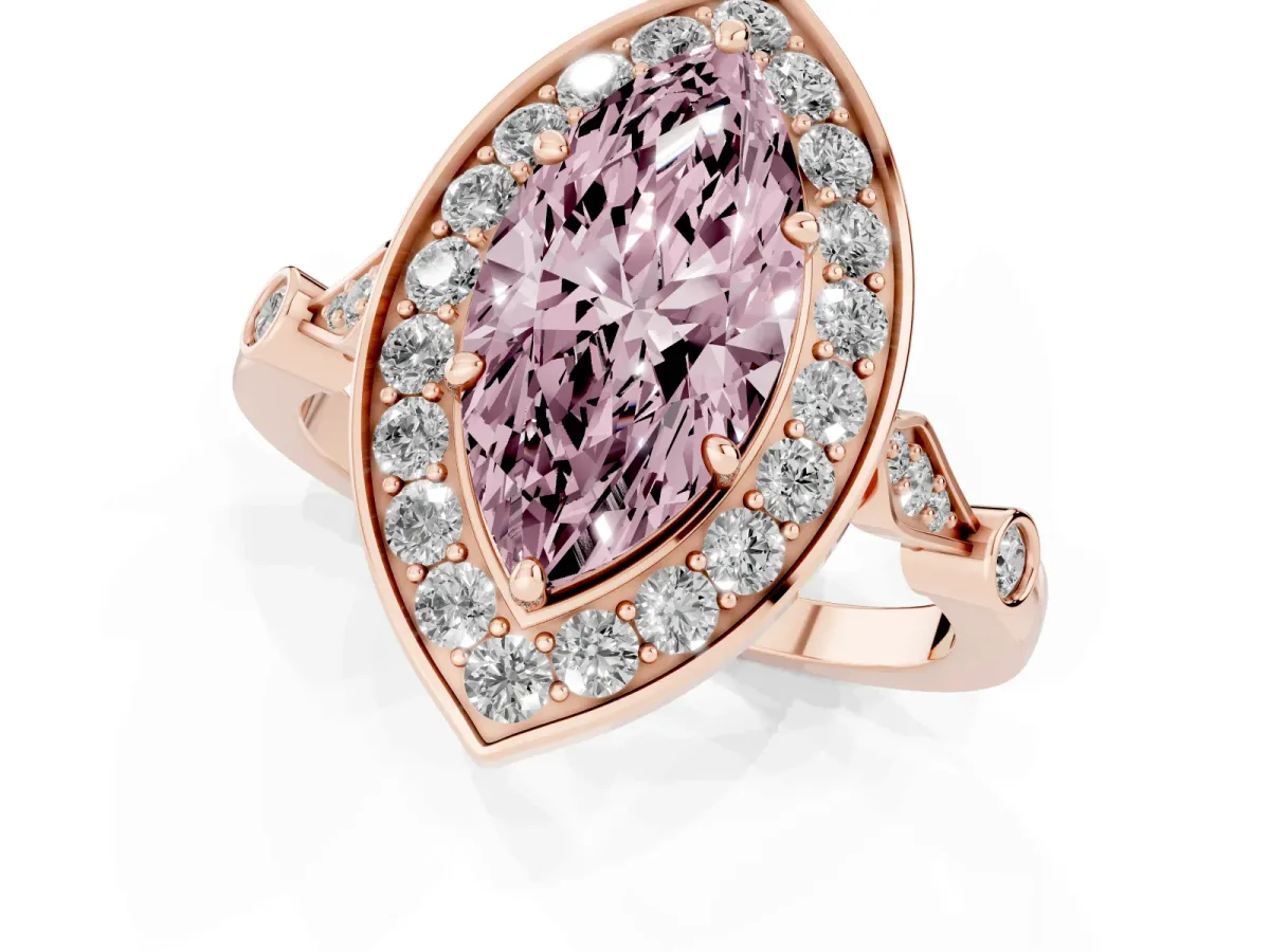 Fancy Pink Marquise Cut Halo Diamond Engagement Ring with Twisted Band and Four-Prong Setting Rose gold