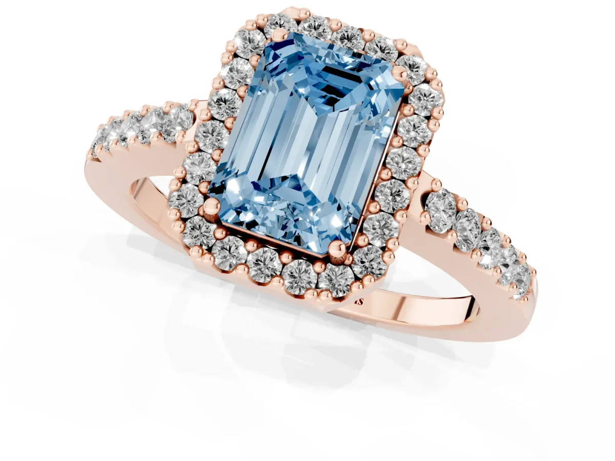 Fancy Blue Emerald Cut Halo Diamond Pavé Solitaire Ring Rose gold