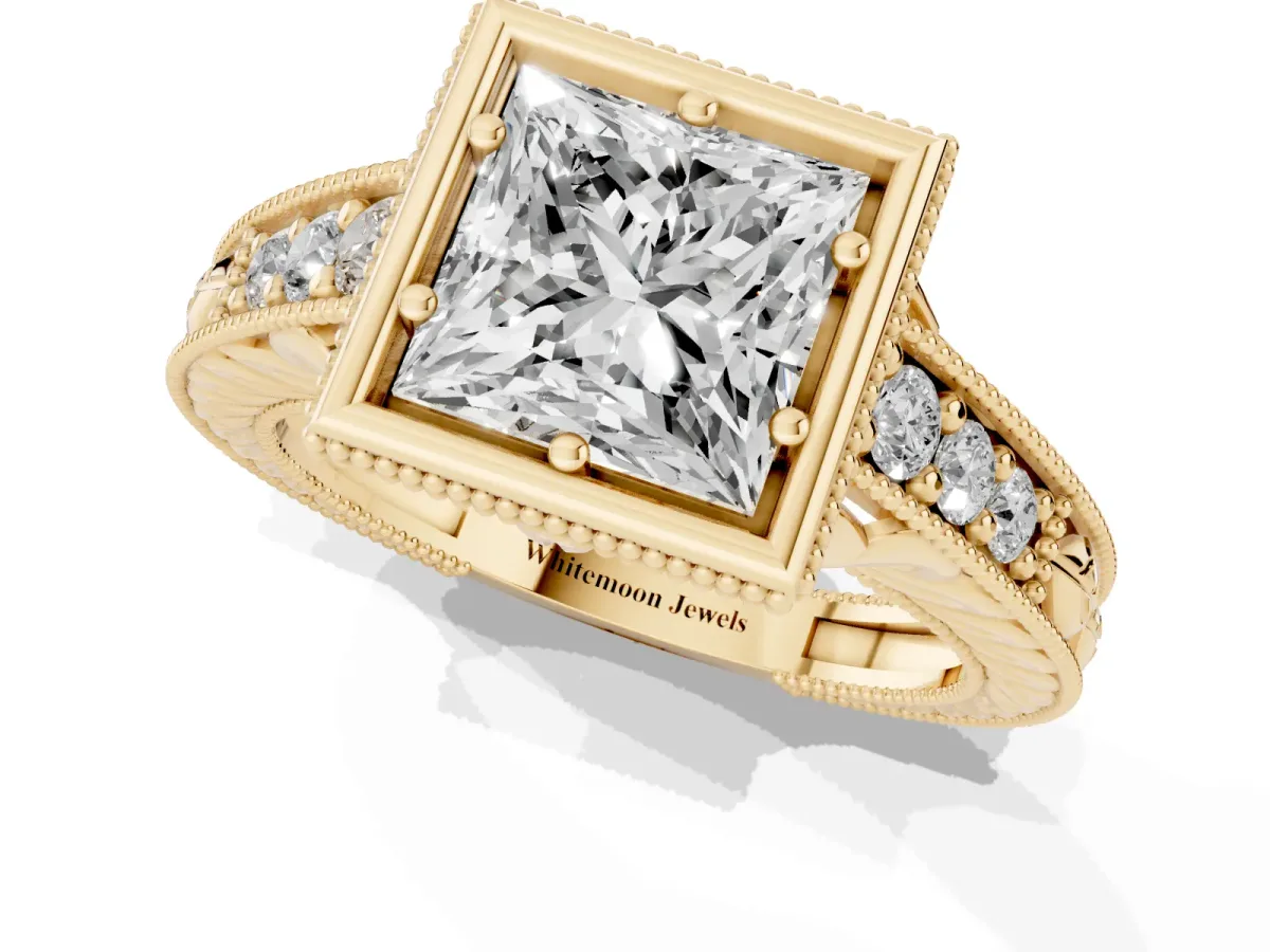Bezel Set Princess Cut Diamond Milgrain Pave Engagement Ring Yellow gold