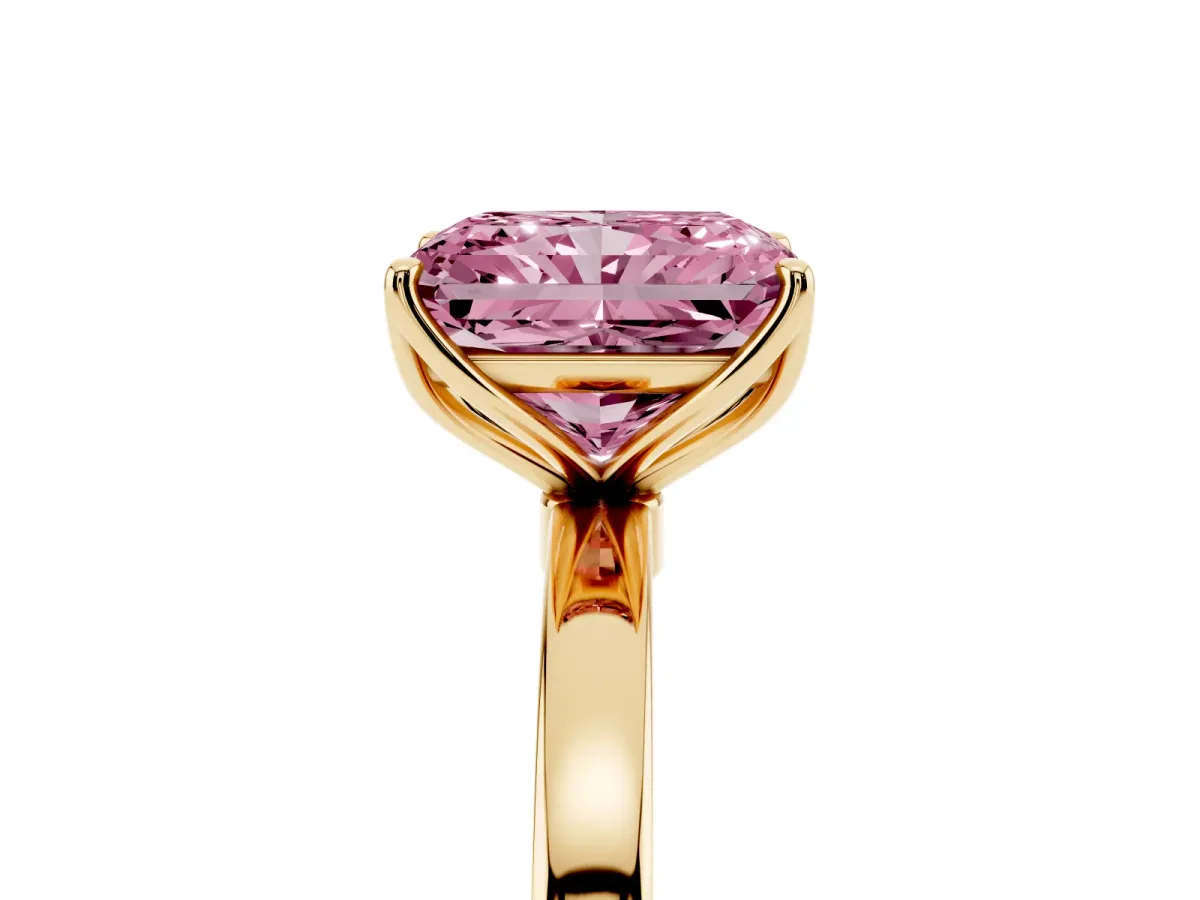 Fancy Pink Radiant Cut Diamond Solitaire Ring with Thin Band and Prong Setting Yellow gold