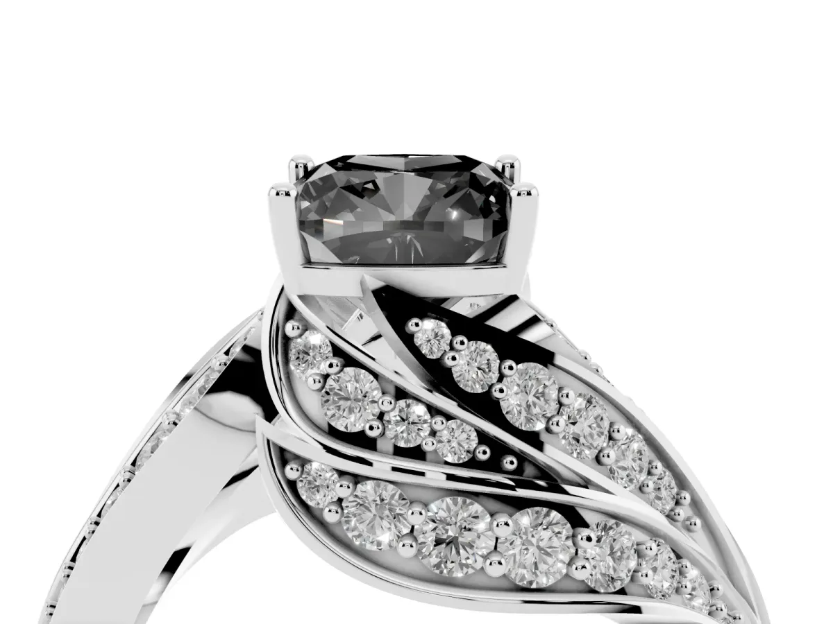 Fancy Black Cushion Cut Diamond Solitaire Ring with Prong Setting and Twisted Pavé Band Silver