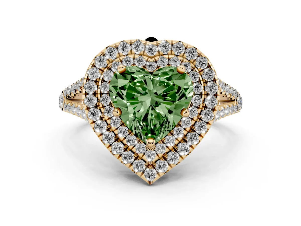 Fancy Green Heart Cut Diamond Double Halo Ring with Pavé Band and Prong Setting Yellow gold
