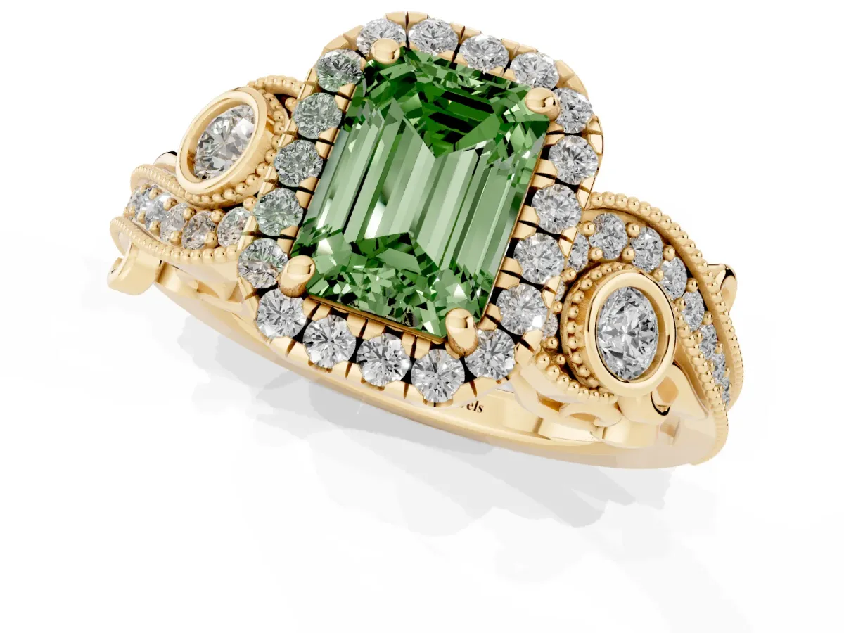 Fancy Green Emerald Cut Diamond Halo Ring with Milgrain Pavé Band and Four-Prong Setting Yellow gold