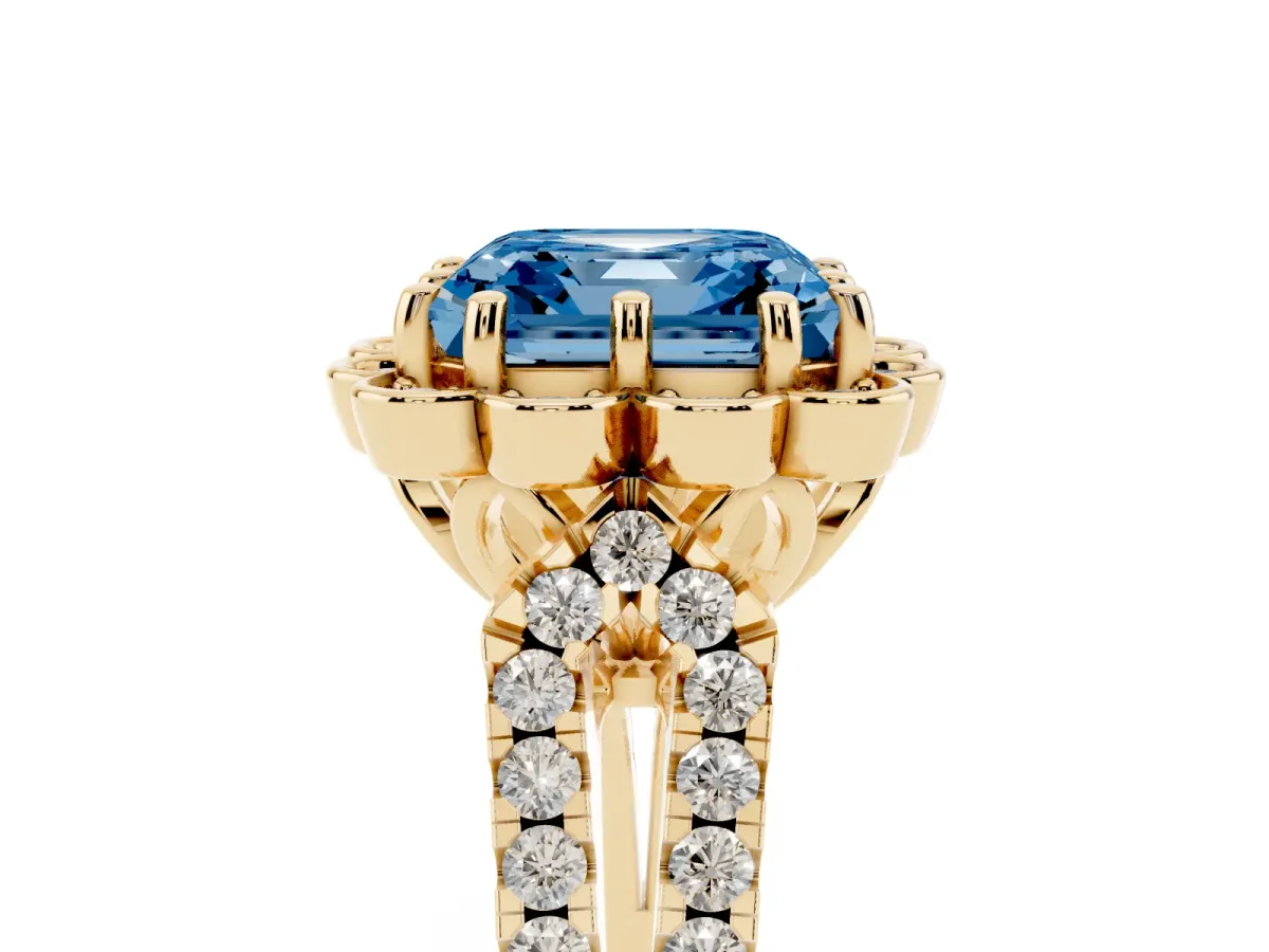 Fancy Blue Asscher Cut Halo Diamond Floral Split Shank Engagement Ring Yellow gold