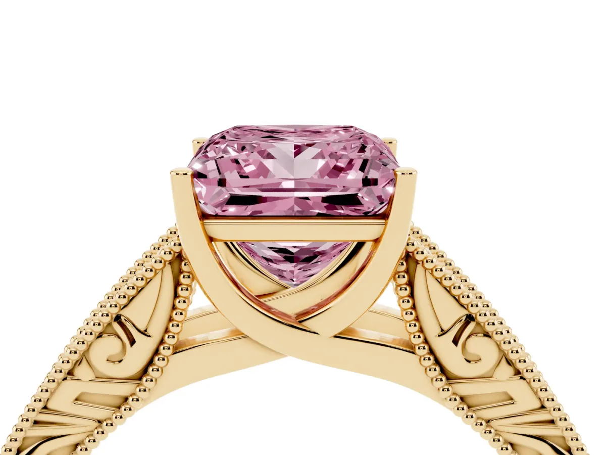 Fancy Pink Princess Cut Diamond Solitaire Ring with Engraved Band and Four-Prong Setting Yellow gold