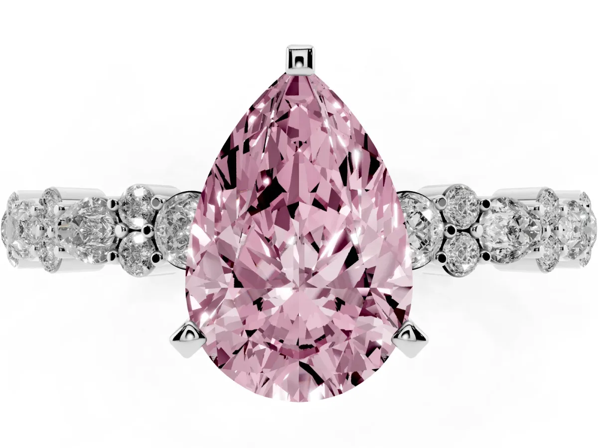 Fancy Pink Pear Cut Diamond Side Stone Solitaire Ring with Round and Four-Prong Setting Silver