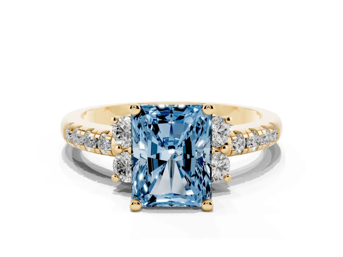 Fancy Blue Radiant Cut Diamond Three-Stone Pave Band with Four-Prong Setting Yellow gold