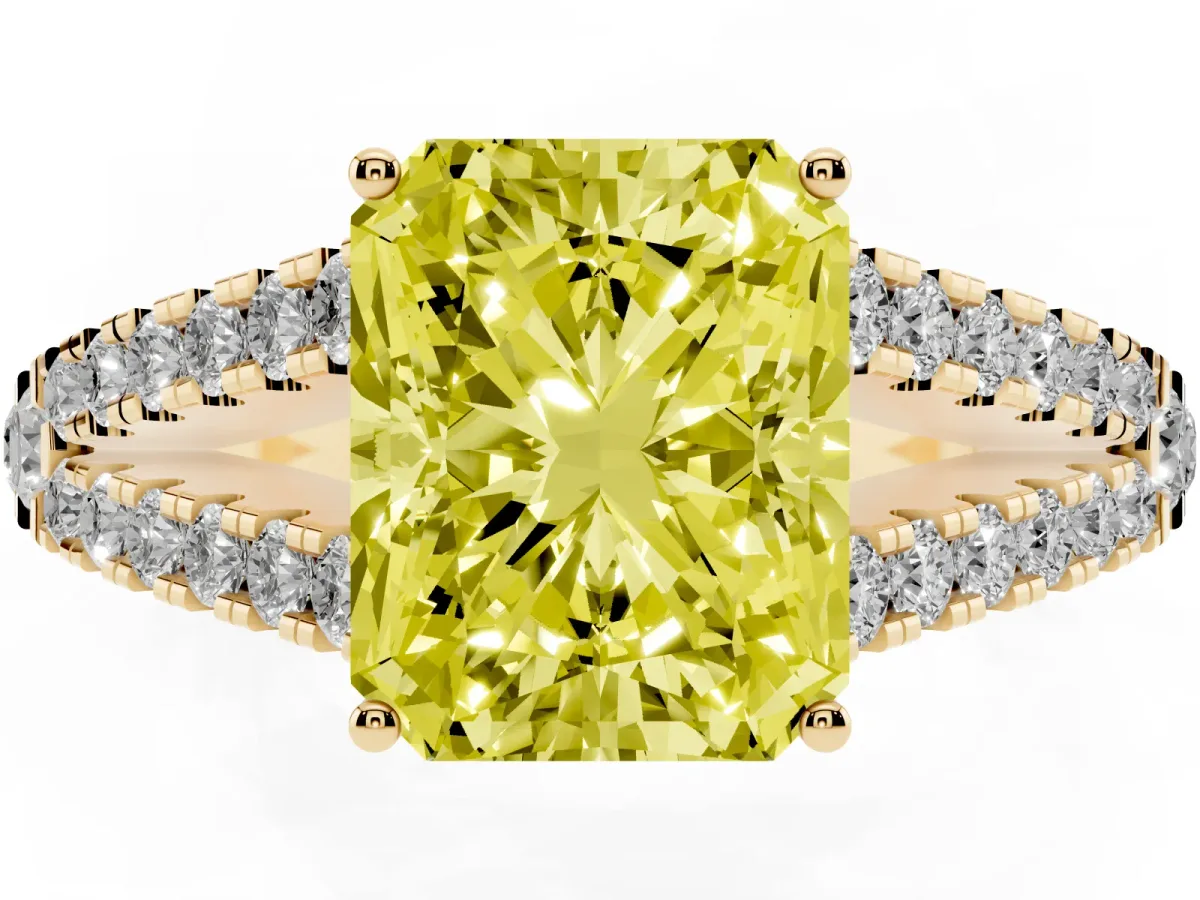 Fancy Yellow Radiant Cut Diamond Split Shank Pavé Engagement Ring with Four-Prong Setting Yellow gold