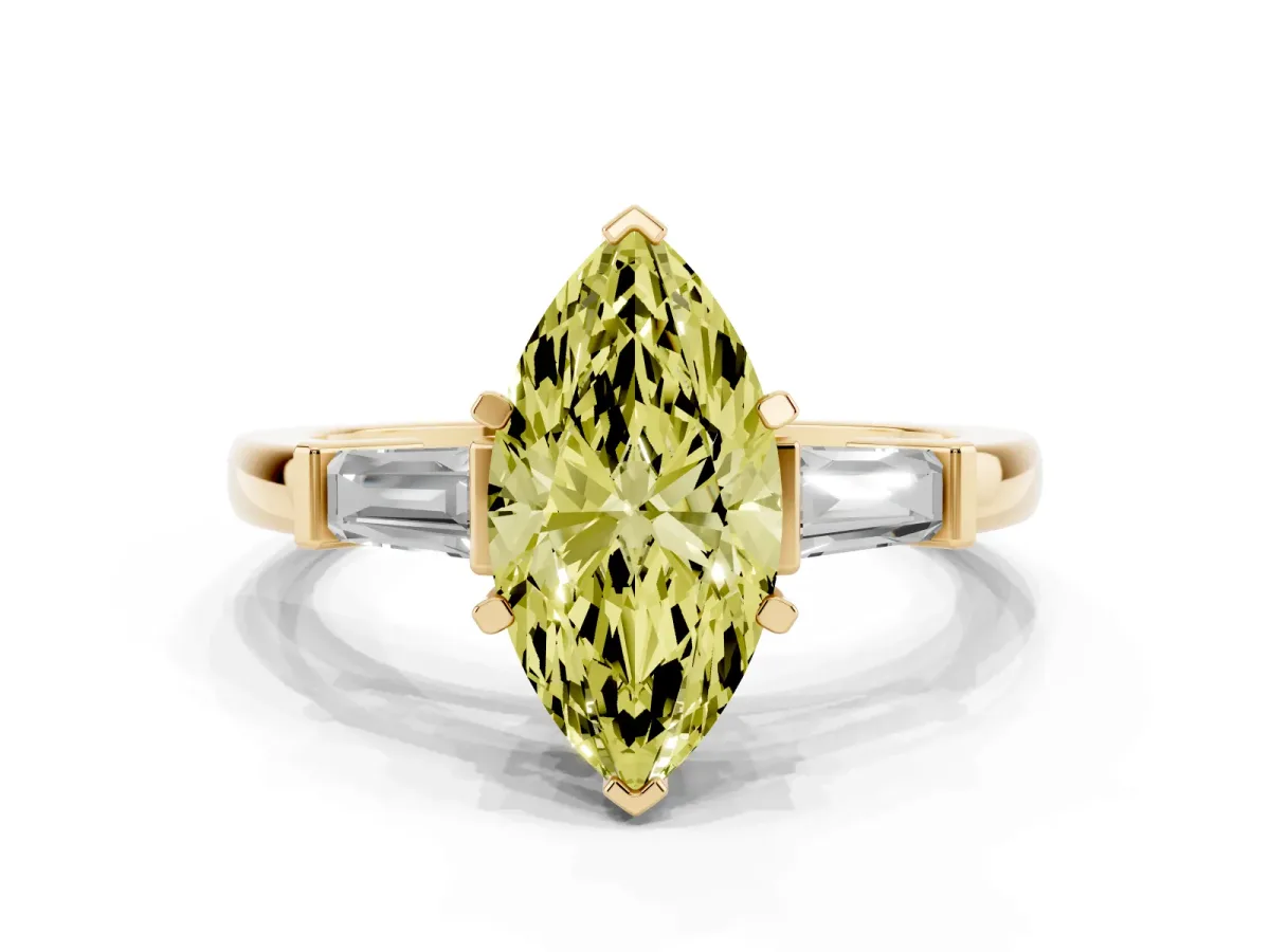 Fancy Yellow Marquise Cut Cut Diamond Solitaire Ring with Tapered Baguette Accents and Four-Prong Setting Yellow gold