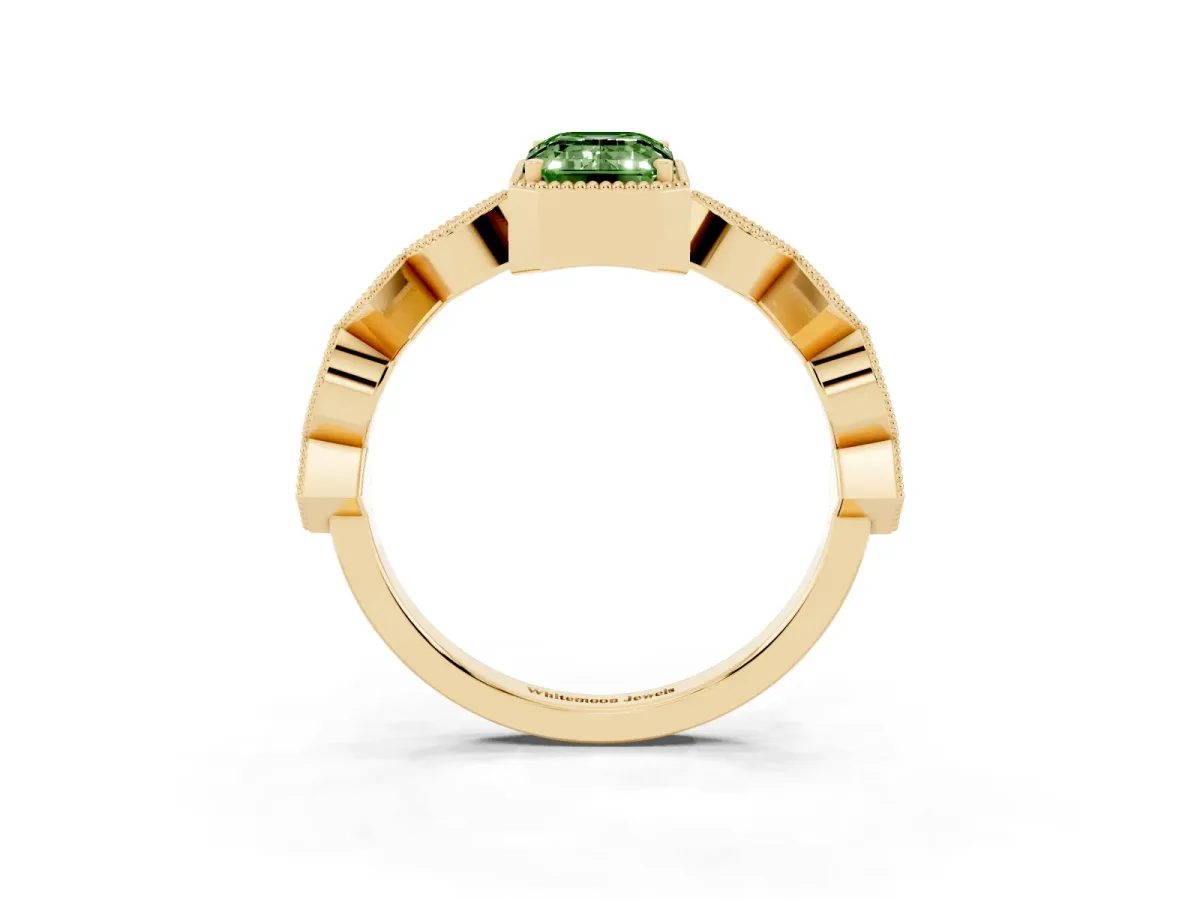 Fancy Green Emerald Cut Milgrain Marquise Diamond Twist Band Ring Yellow gold