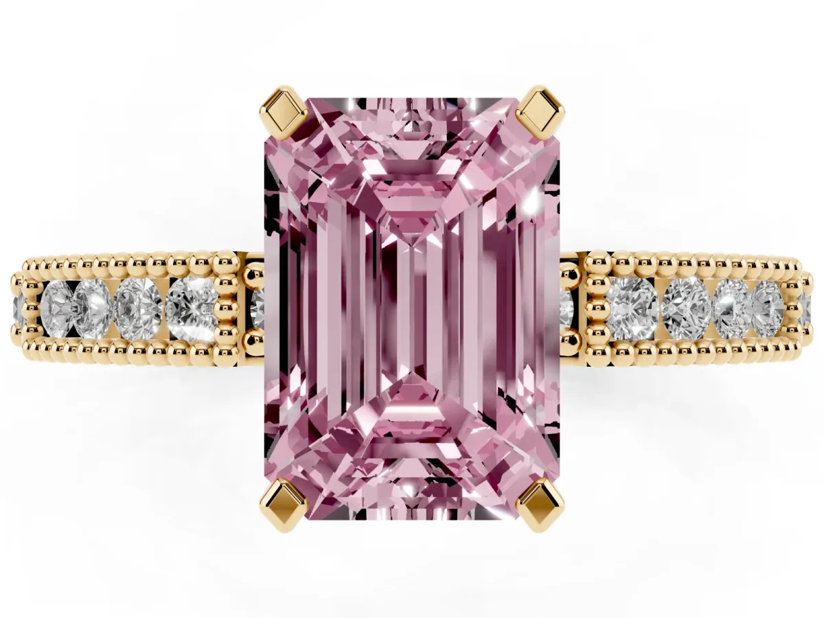 Fancy Pink Emerald Cut Solitaire with Pavé Band and Four-Prong Setting Yellow gold