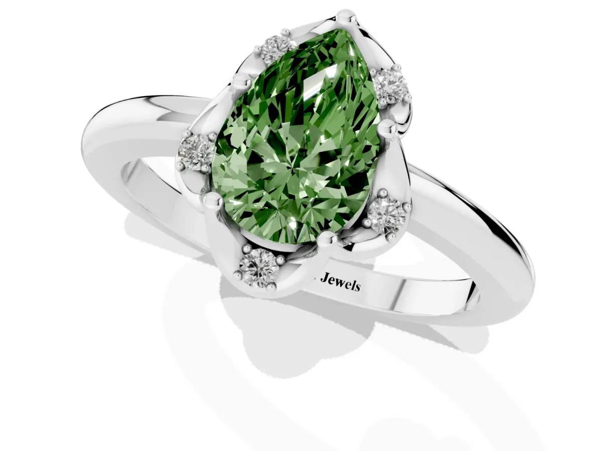 Fancy Green Pear Cut Halo Diamond Ring with Round Cluster Setting, Solitaire Band, and Four-Prong Setting Platinum