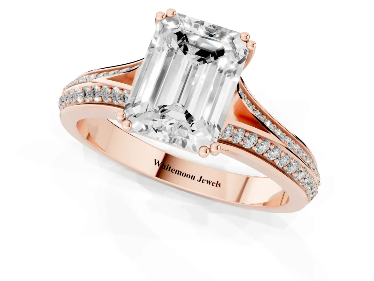 Emerald Cut Diamond Split Shank Engagement Ring with Pavé Band Rose gold