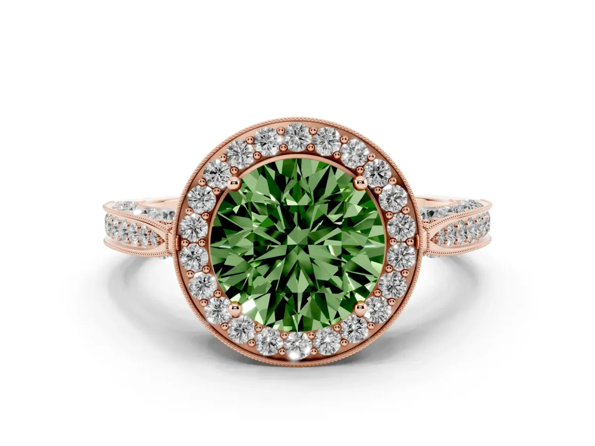 Fancy Green Round Cut Halo Diamond Engagement Ring with Split Shank Band and Four-Prong Setting Rose gold