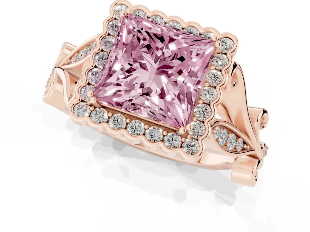 Fancy Pink Princess Cut Diamond Halo Ring with Vintage Split Shank and Four-Prong Setting Rose gold