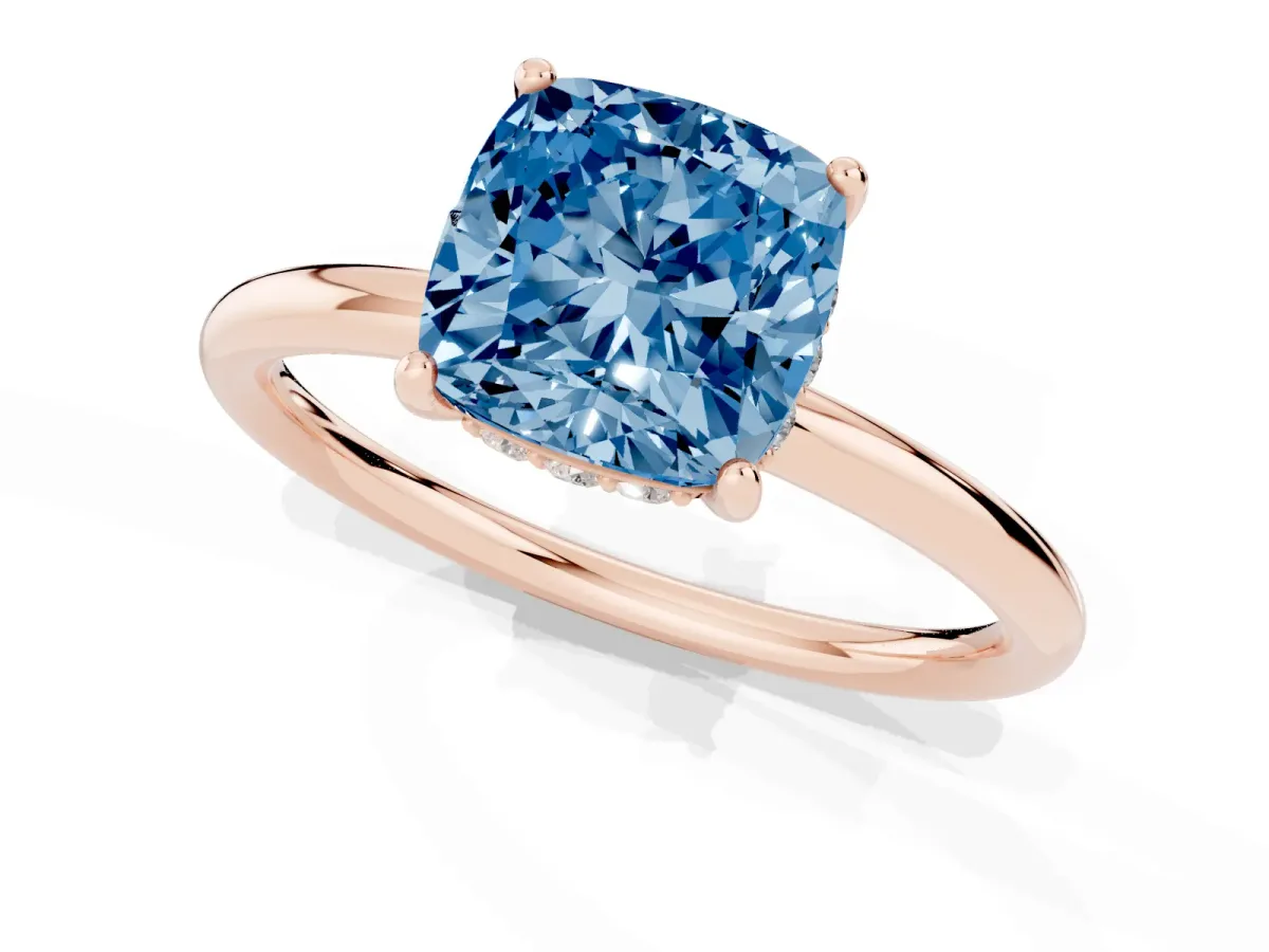 Fancy Blue Cushion Cut Solitaire Diamond Ring with a Classic Band and Four-Prong Setting Rose gold