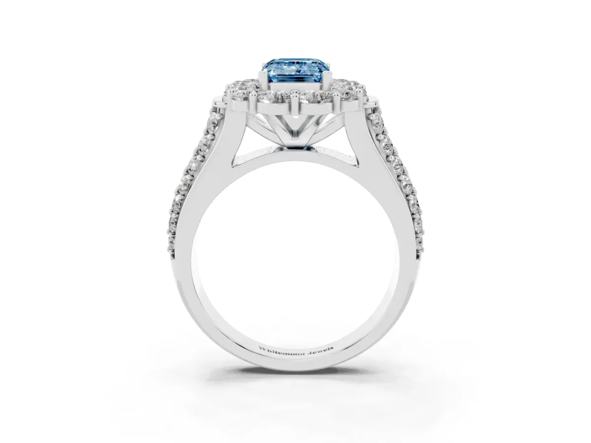 Fancy Blue Emerald Cut Halo Diamond Engagement Ring with Split Shank and Prong Setting Silver