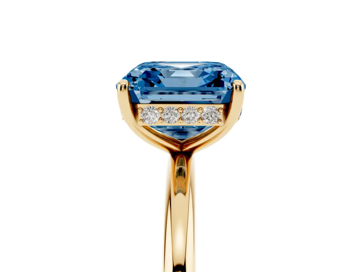 Fancy Blue Asscher Cut Solitaire Diamond Ring with a Classic Band and Four-Prong Setting Yellow gold