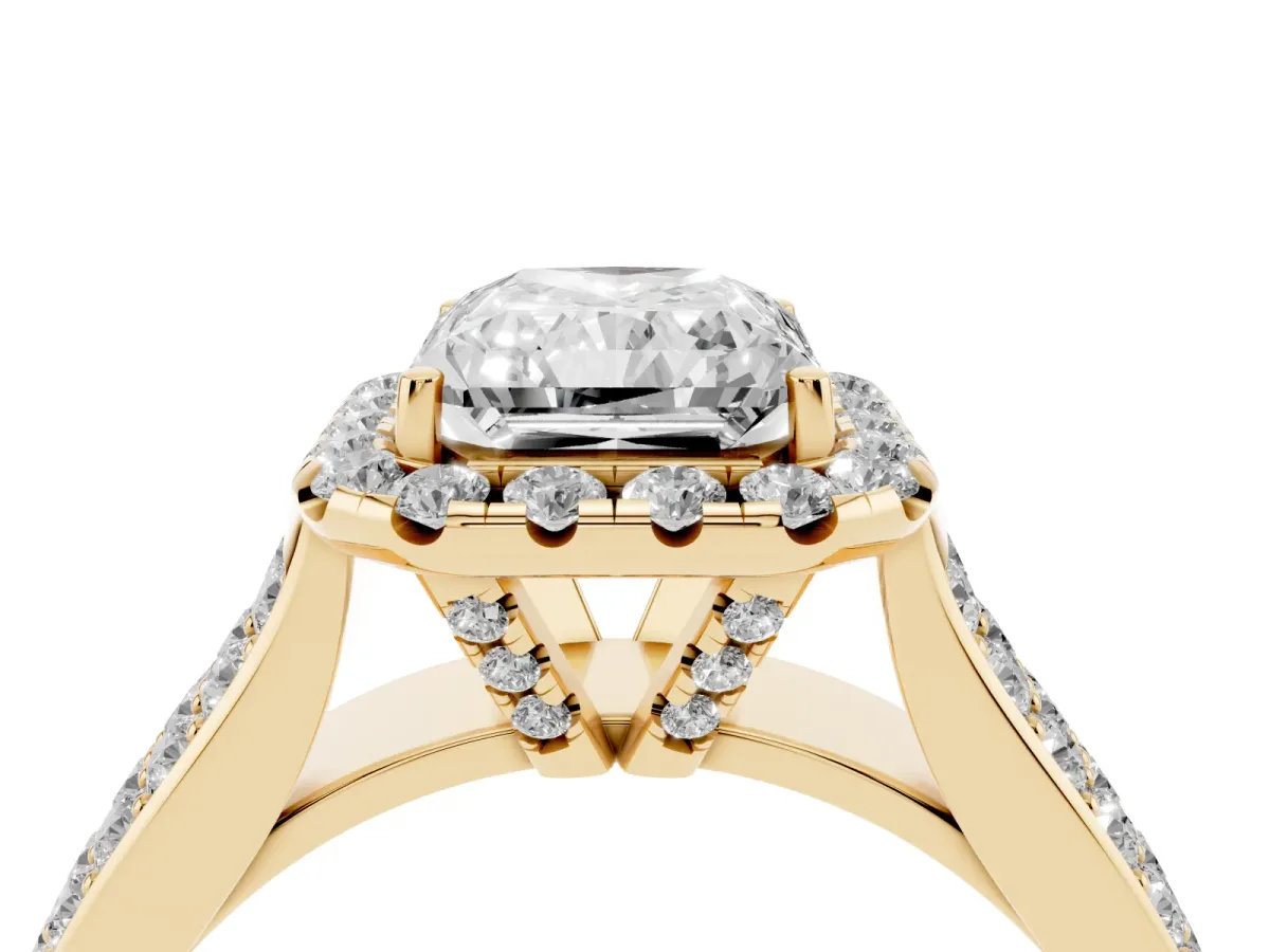 Radiant Cut Halo Round Diamond Pave Band with Prong Setting Yellow gold