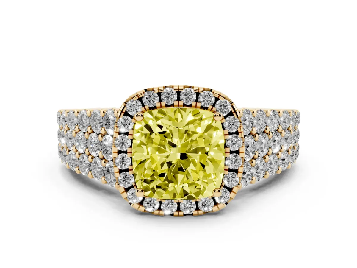 Fancy Yellow Cushion Cut Diamond Halo Engagement Ring with Triple Row Round Pavé Band and Prong Setting Yellow gold