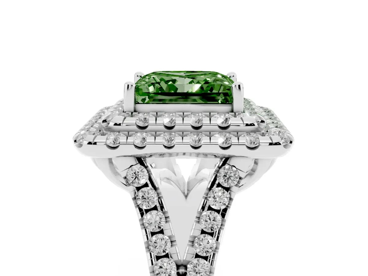 Fancy Green Double Halo Princess Cut Diamond Pavé Split Shank Ring with Prong Setting Silver