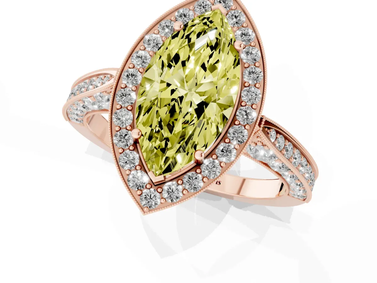 Fancy Yellow Marquise Cut Halo Diamond Engagement Ring with Split Shank Band and Four-Prong Setting Rose gold