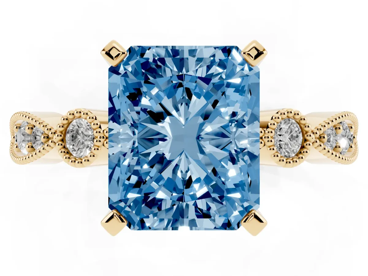 Fancy Blue Radiant Cut Milgrain Bezel Diamond Engagement Ring with Solitaire Prong Setting Yellow gold
