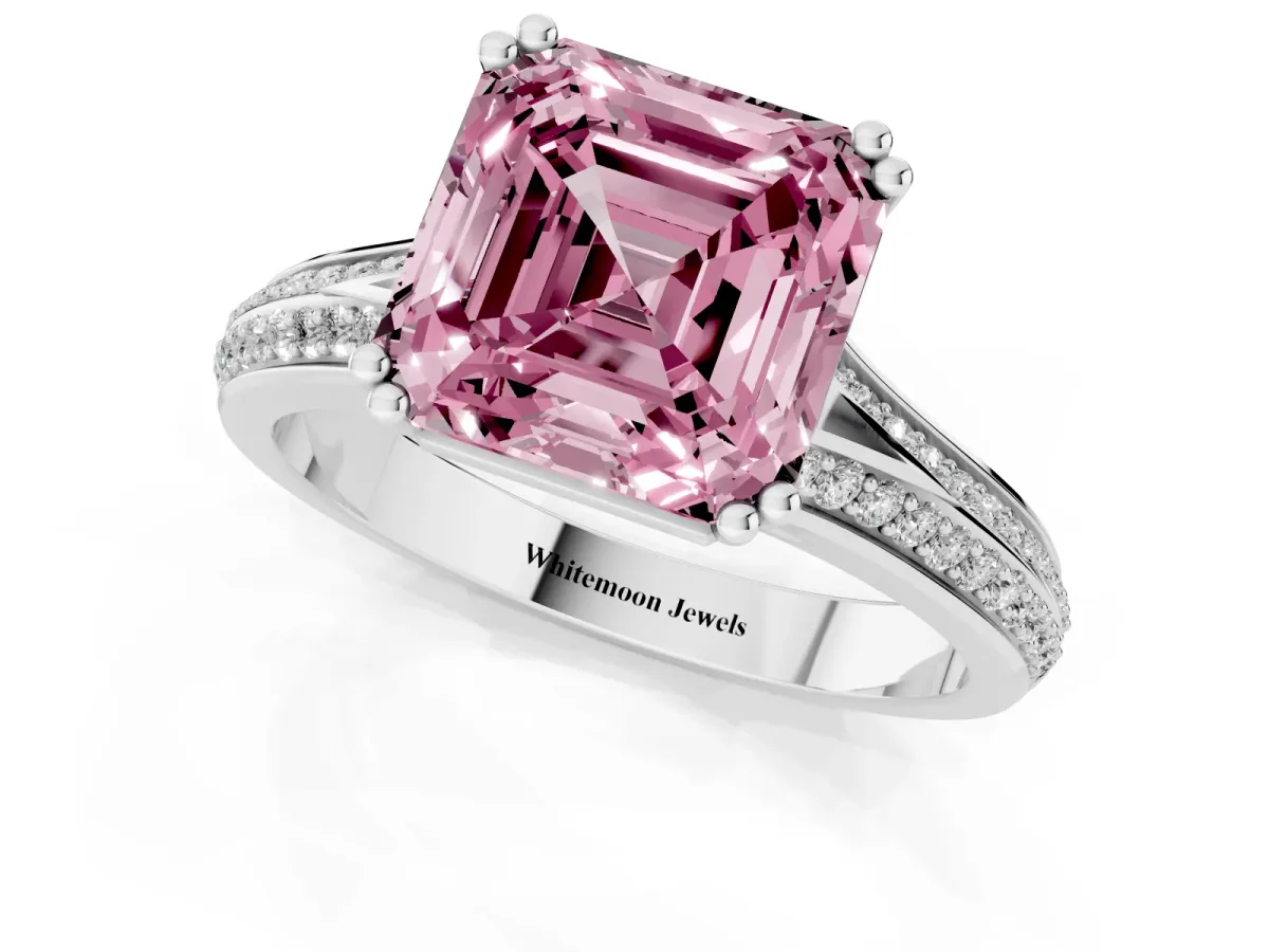 Fancy Pink Asscher Cut Diamond Split Shank Engagement Ring with Pavé Band Silver