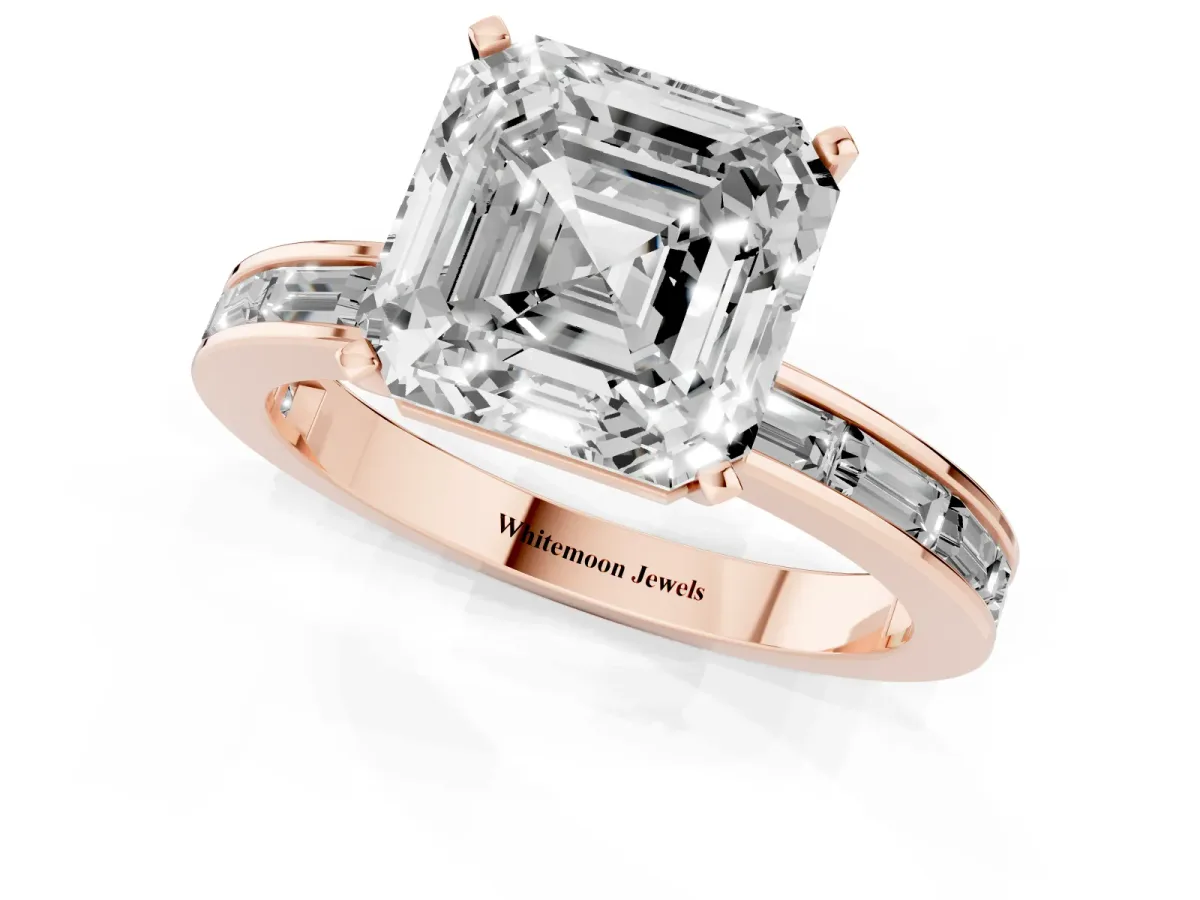 Asscher Cut Solitaire Diamond Ring with Channel-Set Baguette Band and Four-Prong Setting Rose gold
