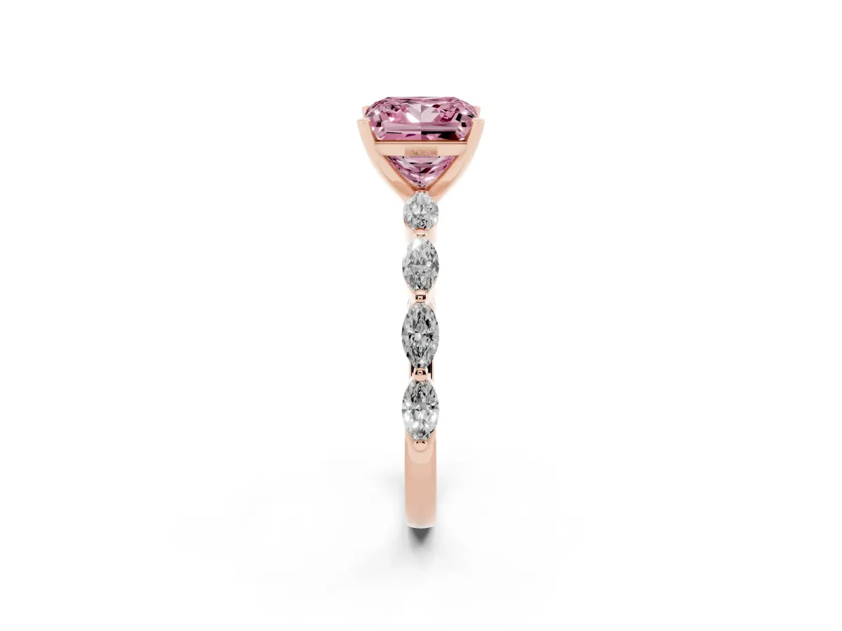 Fancy Pink Princess Cut Diamond Ring with Marquise Side Stones and Prong Setting Rose gold