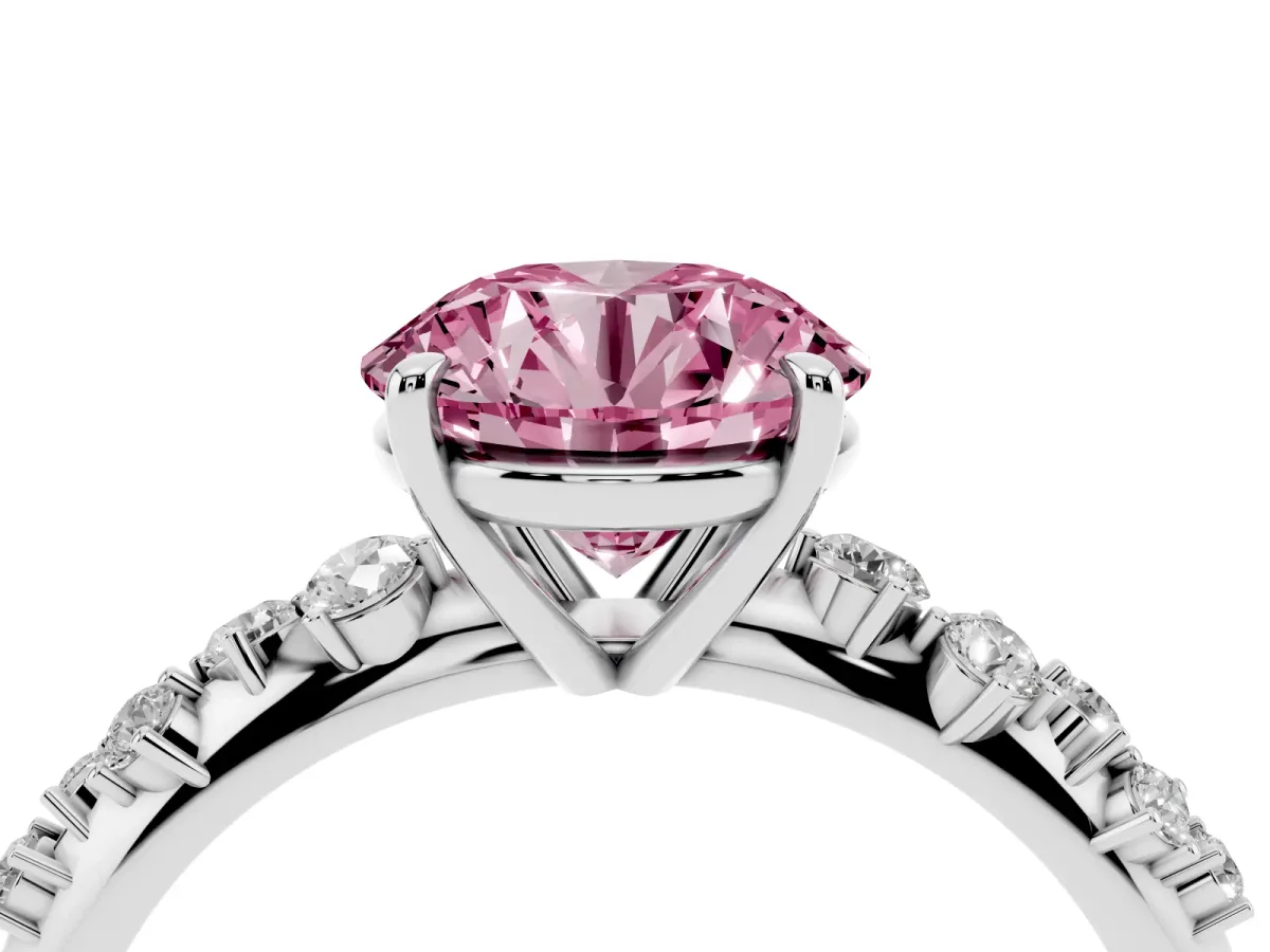 Fancy Pink Round Cut Diamond Cluster Side Stone Solitaire Ring with Prong Setting Silver