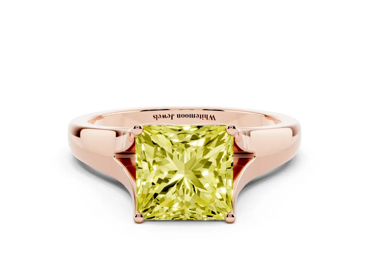 Fancy Yellow Princess Cut Solitaire Diamond Ring with Cathedral Band and Four-Prong Setting Rose gold