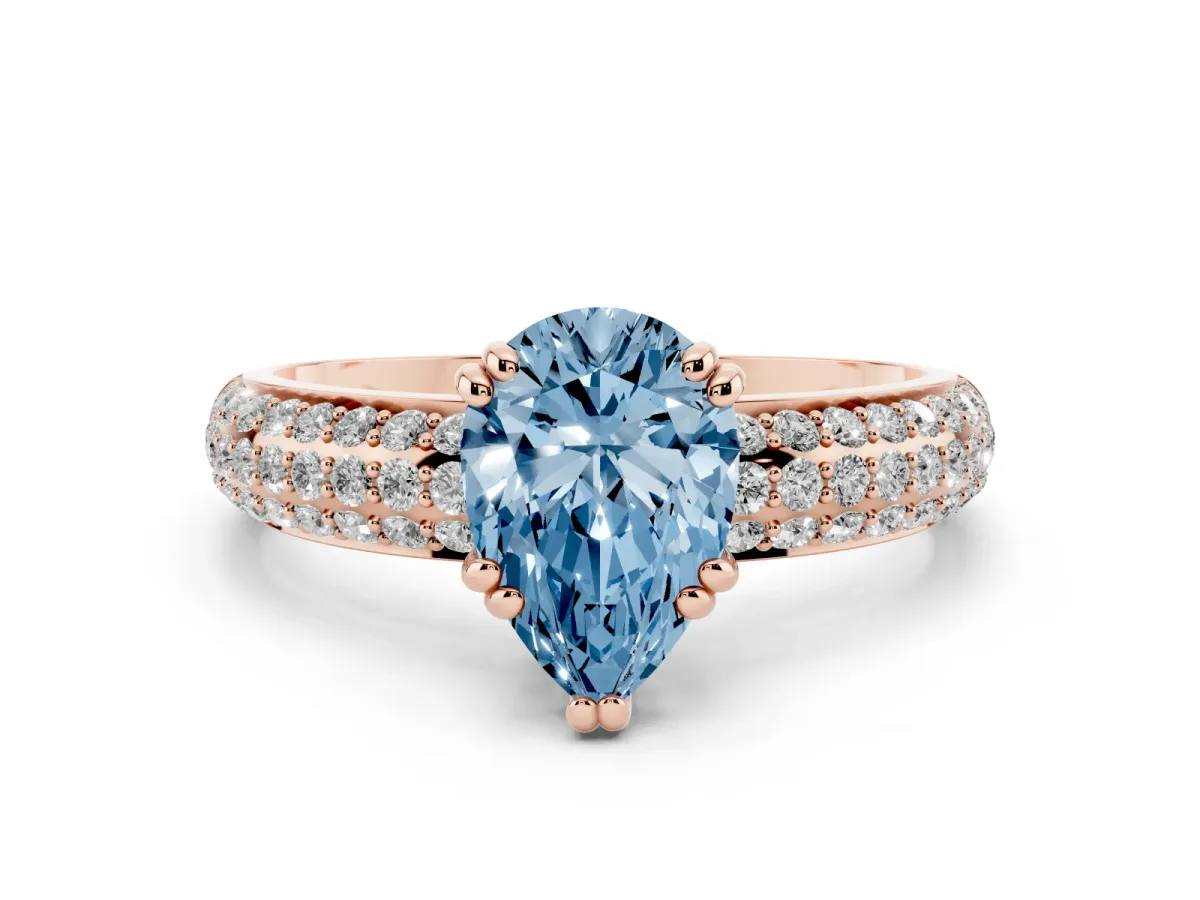 Fancy Blue Pear Cut Diamond Solitaire Ring with Multi-Row Round Pavé Band and Prong Setting Rose gold