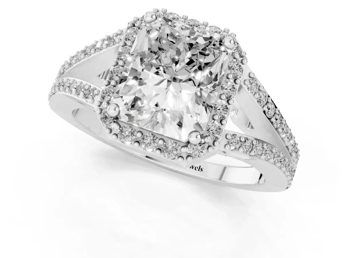 Radiant Cut Halo Split Shank Pave Diamond Ring with Four-Prong Setting Platinum