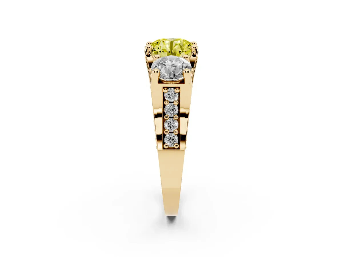 Fancy Yellow Round Cut Diamond Three-Stone Ring with Channel Set Band and Four-Prong Setting Yellow gold