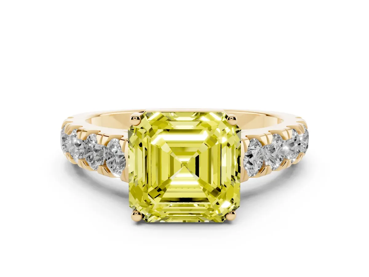 Fancy Yellow Asscher Cut Cut Diamond Solitaire Ring with Micro Pave Band and Prong Setting Yellow gold
