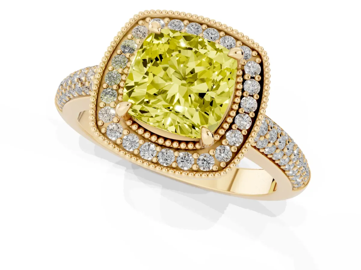 Fancy Yellow Cushion Cut Cut Halo Diamond Pave Band with Four-Prong Setting Yellow gold