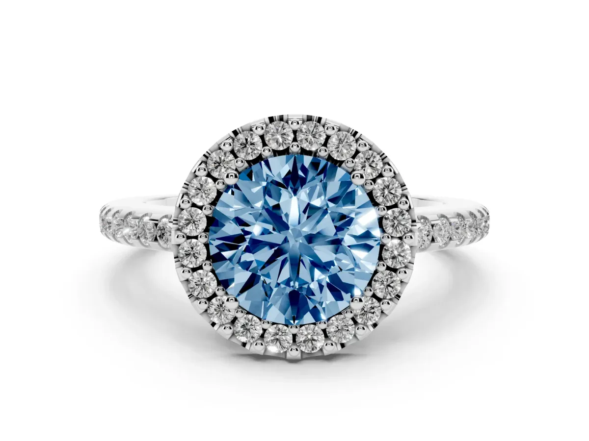 Fancy Blue Round Cut Diamond Pavé Halo Ring with Four-Prong Setting Platinum