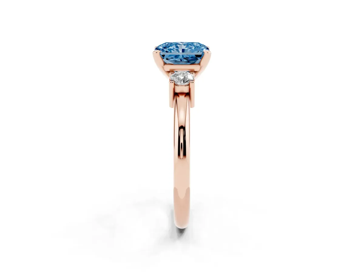 Fancy Blue Three-Stone Radiant Cut Cut Diamond Solitaire with Prong Setting and Classic Band Rose gold