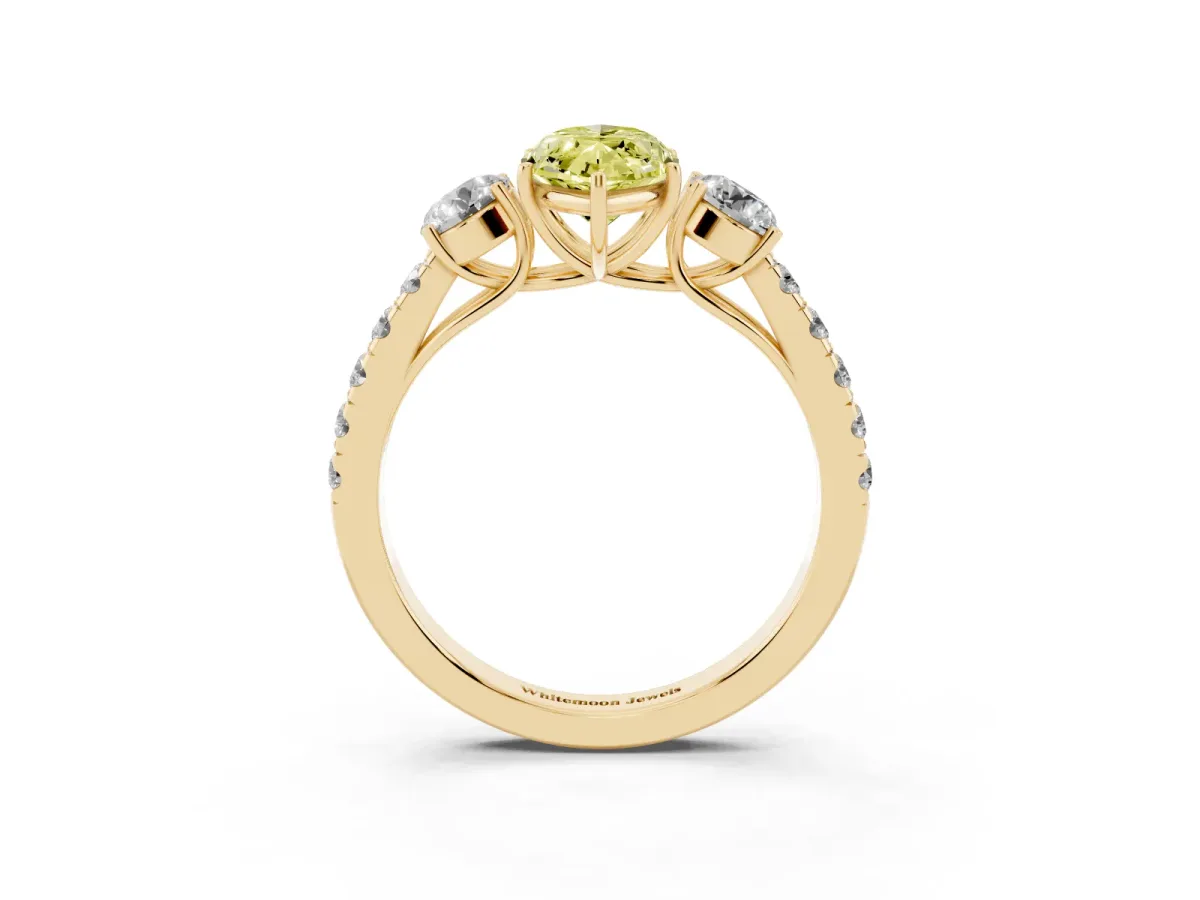Fancy Yellow Marquise Cut Cut Diamond Three-Stone Ring with Round Side Stones and Pavé Band Yellow gold