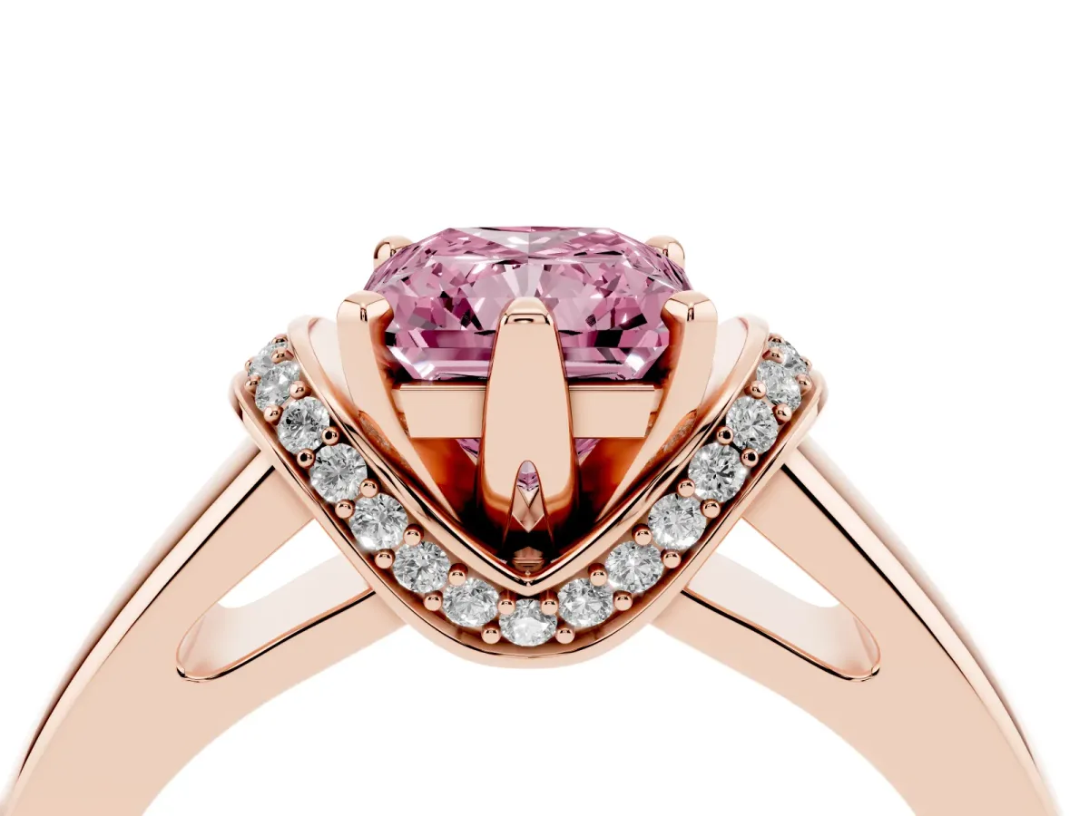 Fancy Pink Radiant Cut Solitaire Diamond Ring with Pave Band and Six-Prong Setting Rose gold