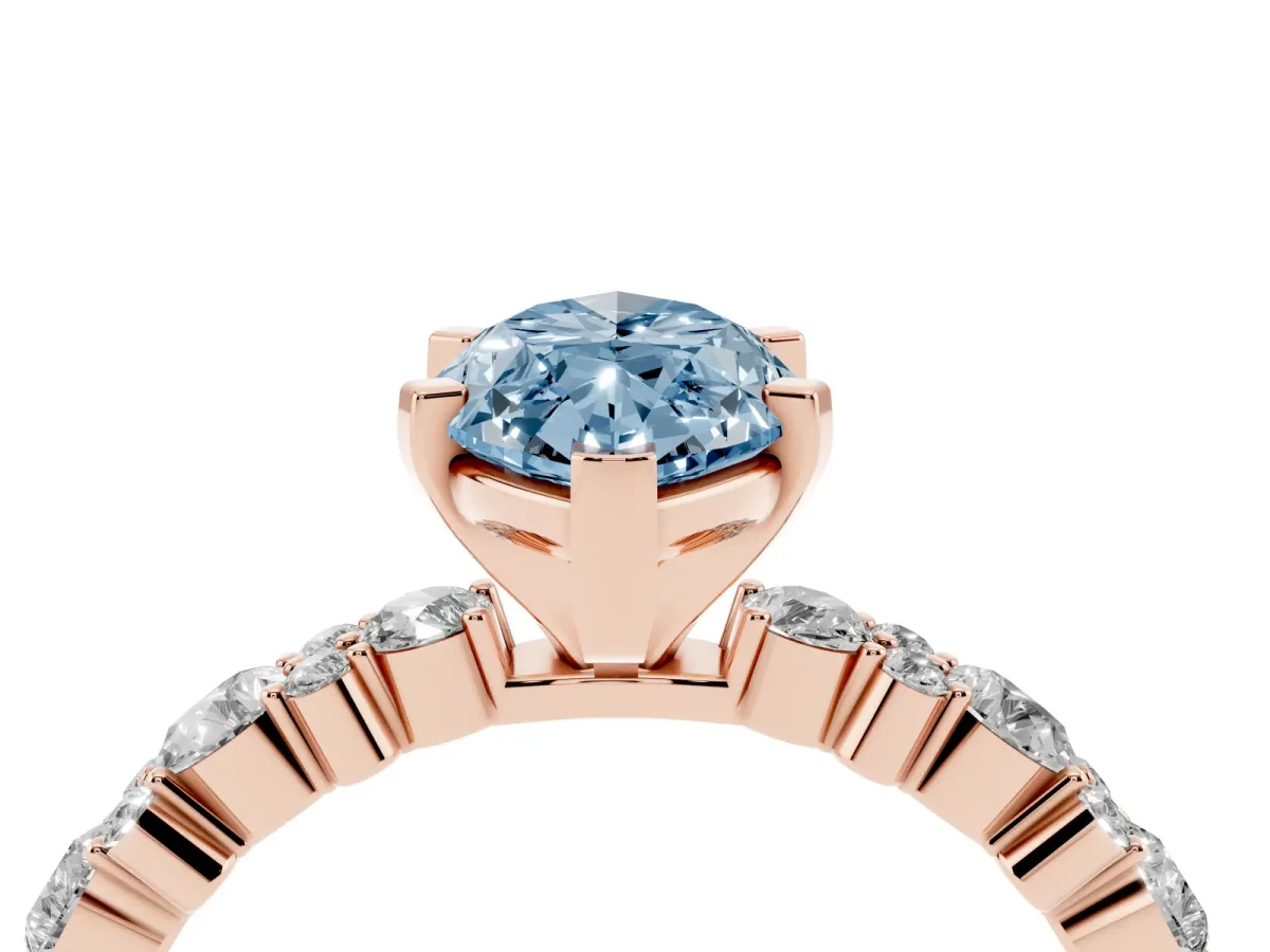 Fancy Blue Marquise Cut Diamond Side Stone Solitaire Ring with Round and Four-Prong Setting Rose gold