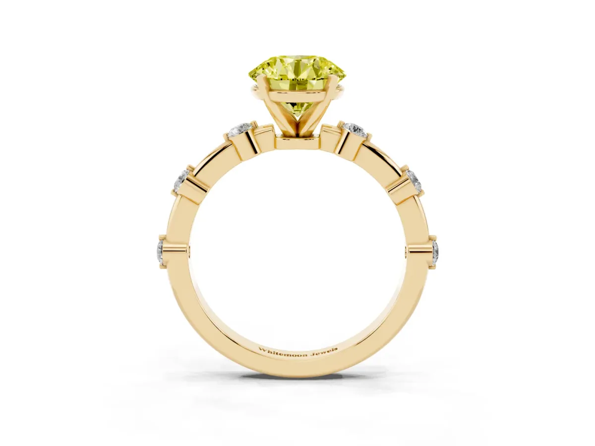 Fancy Yellow Round Cut Solitaire Diamond Ring with Bezel Set Side Stones and Prong Setting Yellow gold