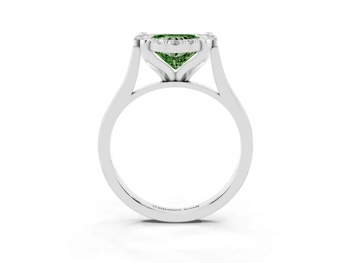 Fancy Green Heart Cut Diamond Cluster Halo Solitaire with Four-Prong Setting Silver