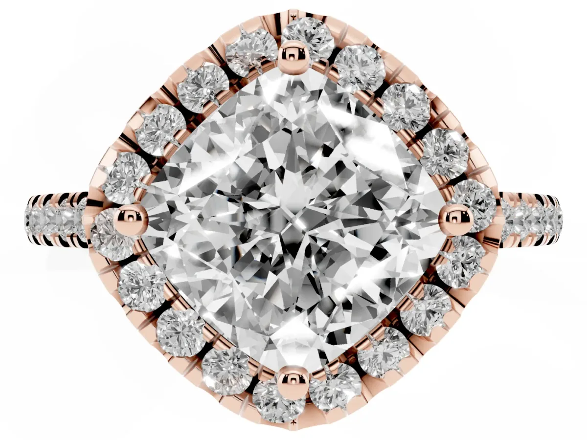 Cushion Cut Diamond Cushion Halo Ring with Pavé Band Rose gold