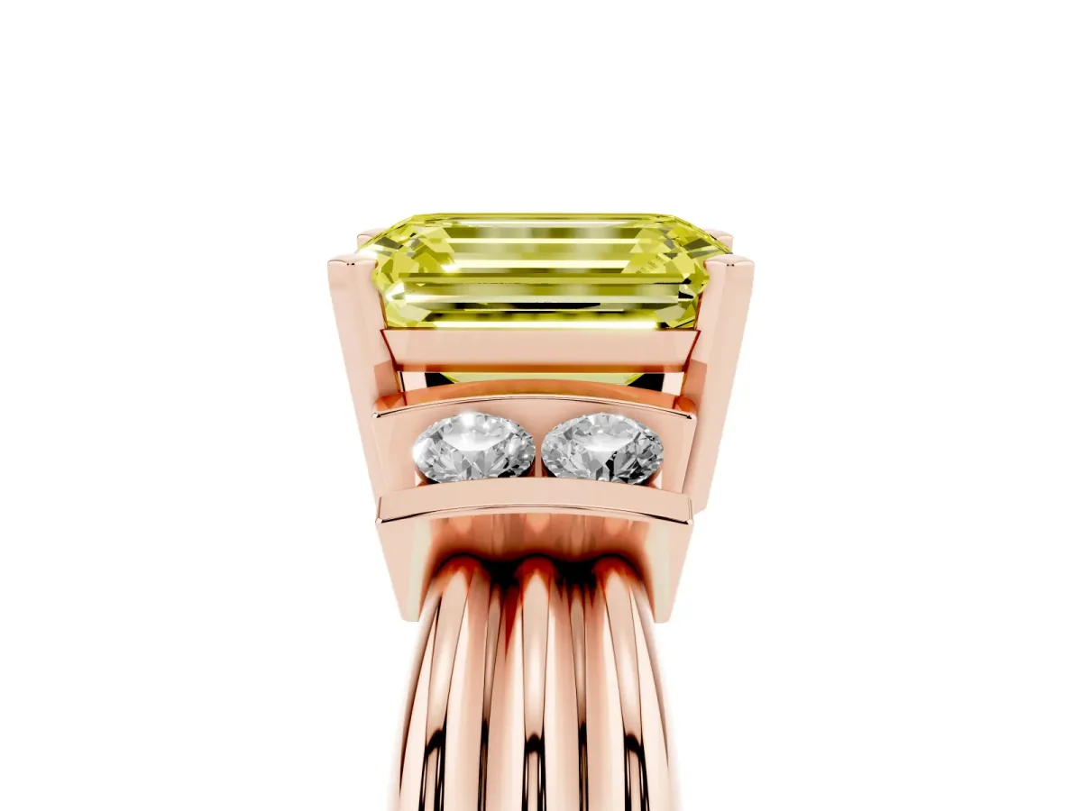 Fancy Yellow Emerald Cut Cut Three-Stone Channel Set Ring with Bar Prongs Rose gold