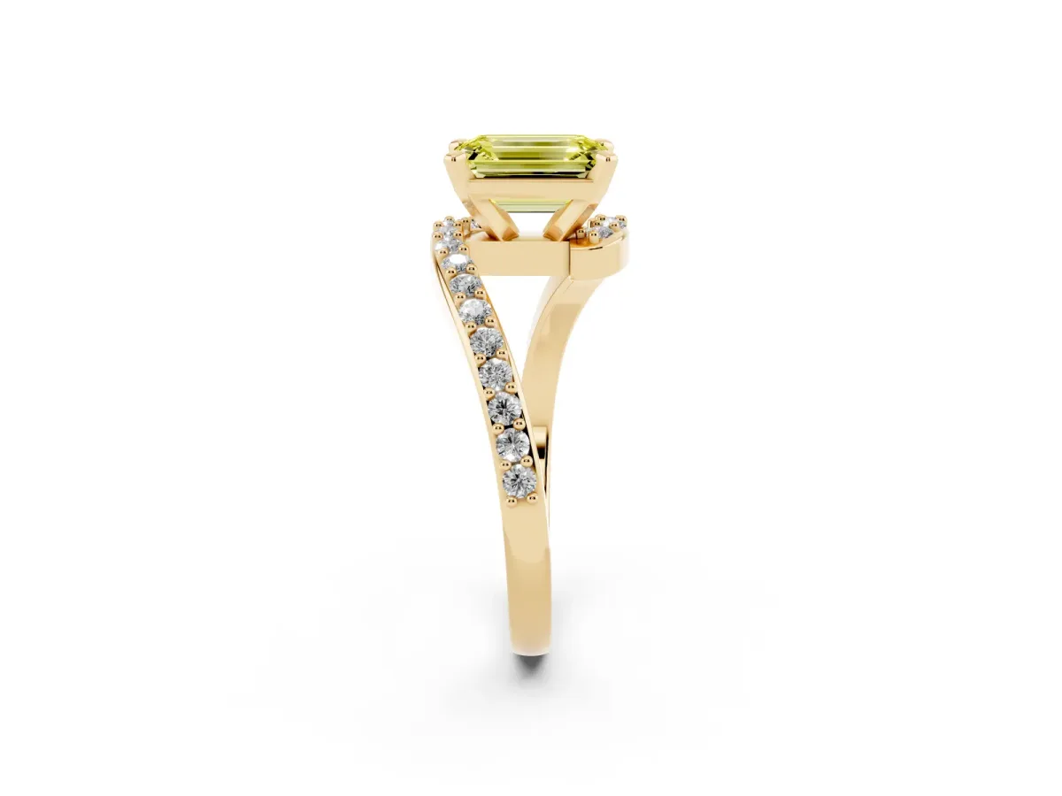Fancy Yellow Emerald Cut Solitaire Twist Band with Pave Set Diamonds and Four-Prong Setting Yellow gold