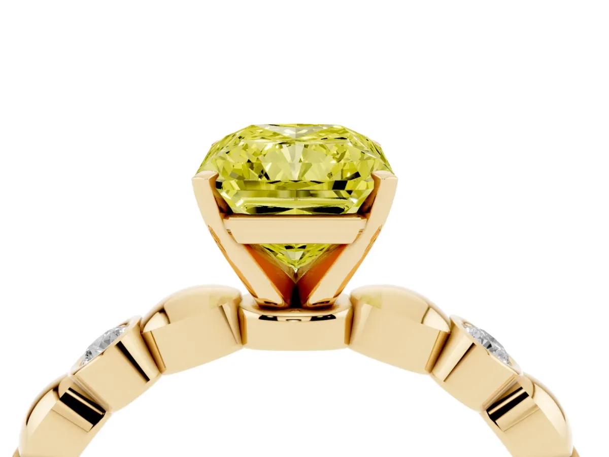 Fancy Yellow Radiant Cut Solitaire Bezel-Set Diamond Ring with Beaded Band and Four-Prong Setting Yellow gold