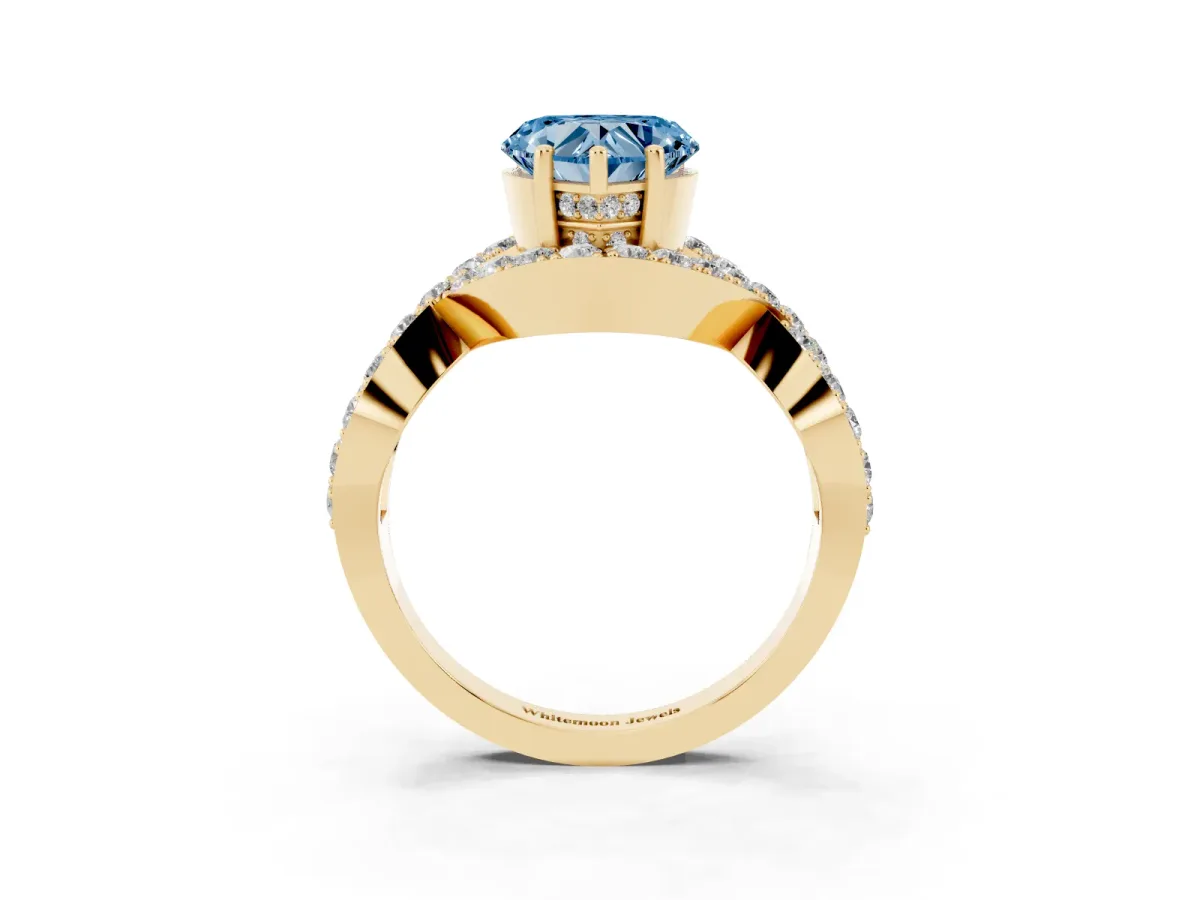 Fancy Blue Heart Cut Solitaire Twist Band Pavé Diamond Engagement Ring Yellow gold