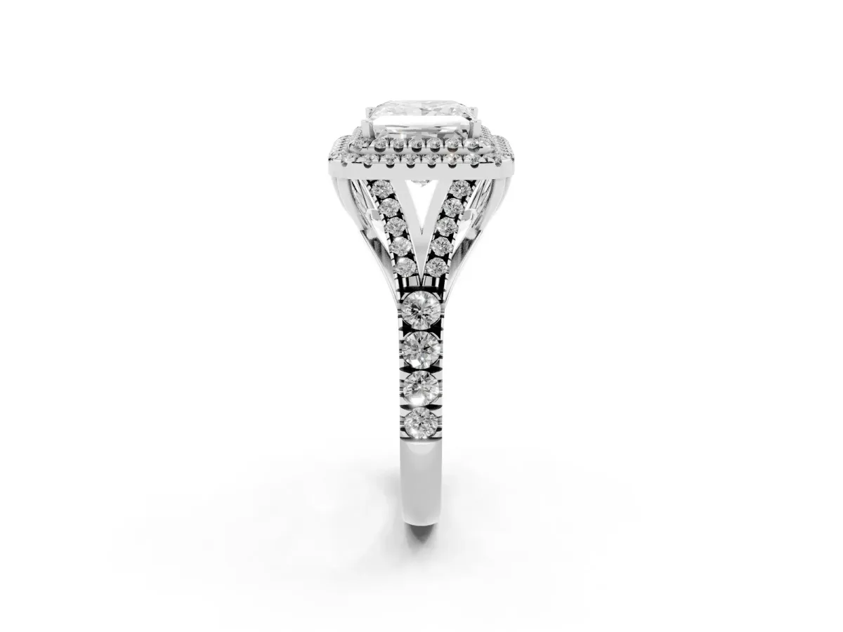 Double Halo Princess Cut Diamond Split Shank Engagement Ring with Four-Prong Setting Silver